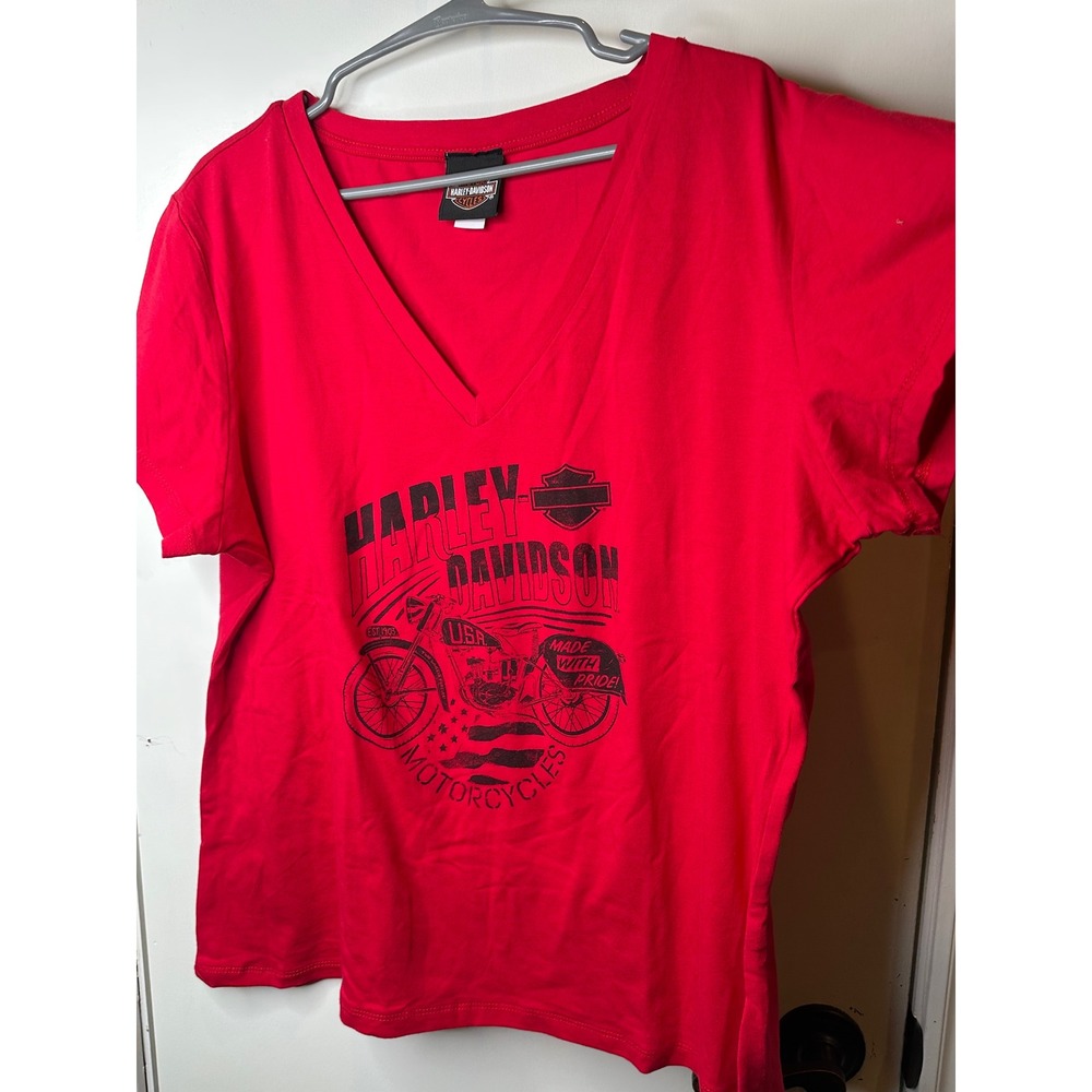 Harley Davidson Womens Red V-Neck Graphic T-Shirt Motorcycle Flag Logo 1XL